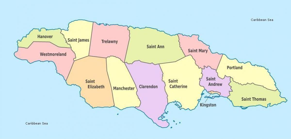 o hartă de jamaica cu parohiile și capitale