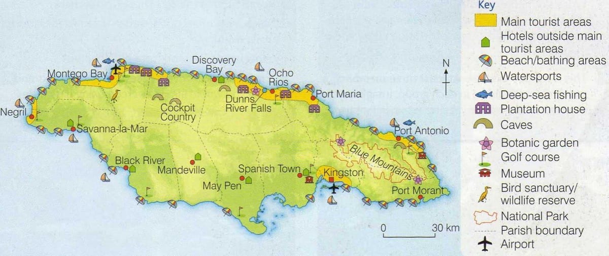Harta jamaica arată zonele de stațiune