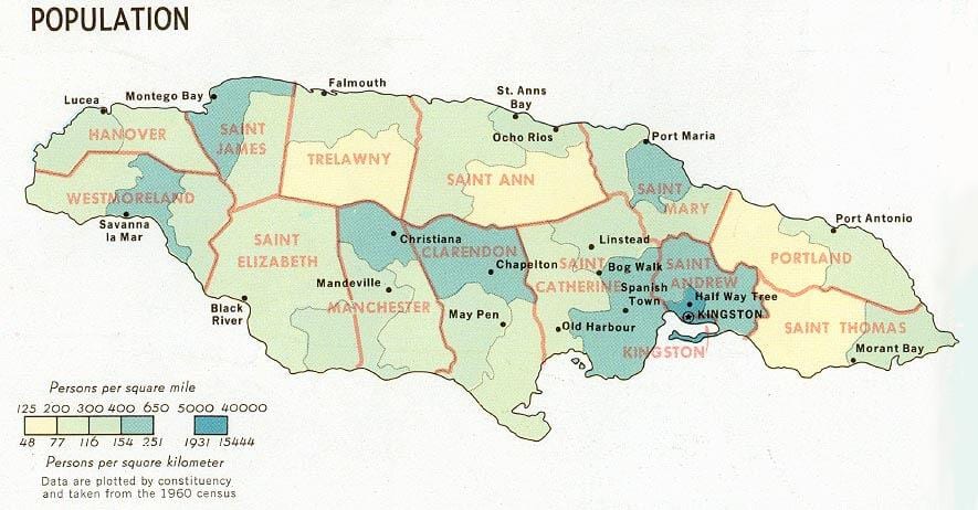hartă a populației din jamaica