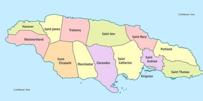 O hartă de jamaica cu parohiile și capitale